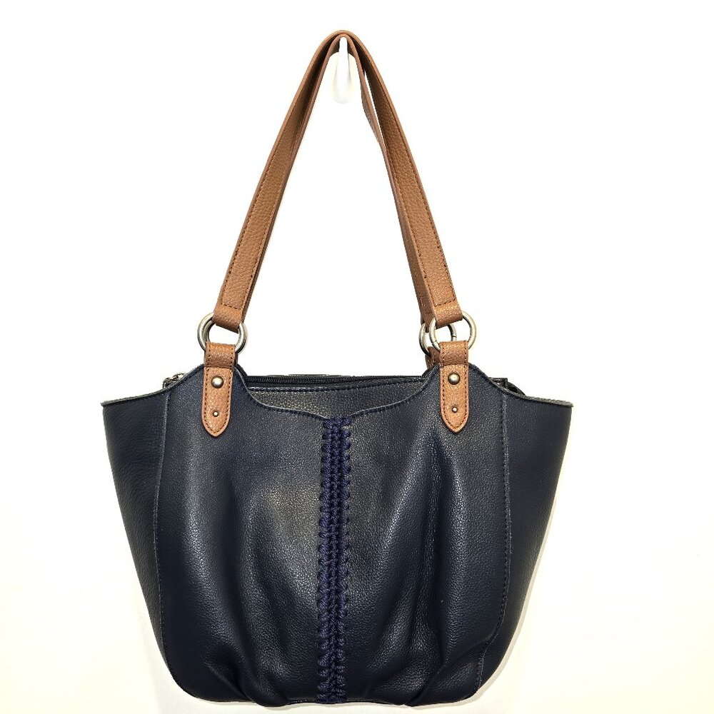 The Sak Bolinas Satchel Navy Blue Leather Handbag With Tan Straps Zipper